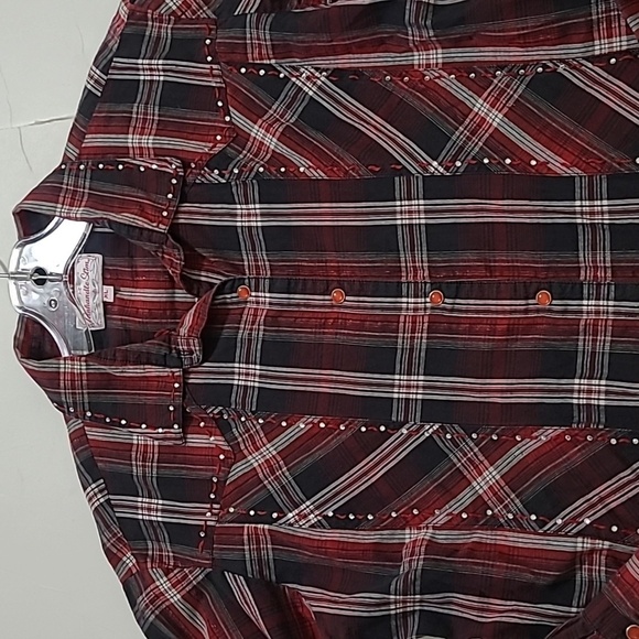Panhandle Slim red plaid snap front shirt with rhinestone metallic detail - Picture 5 of 7